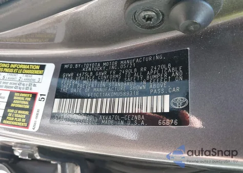 2021 Toyota Camry Le из США, поврежденный, VIN 4T1C11AK0MU589318